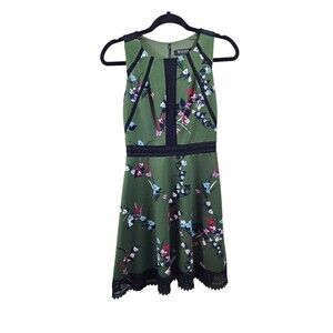 Guess Womens 0 Green Floral Lace Trim  Fit And Flare Sleeveless Cocktail Dress